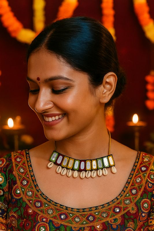 Multi-color Embroidery Mirror Work Banjara Choker Necklace With Sea Shells