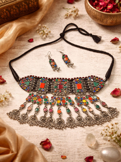 Heavy Colourful Afghani Choker Necklace Set