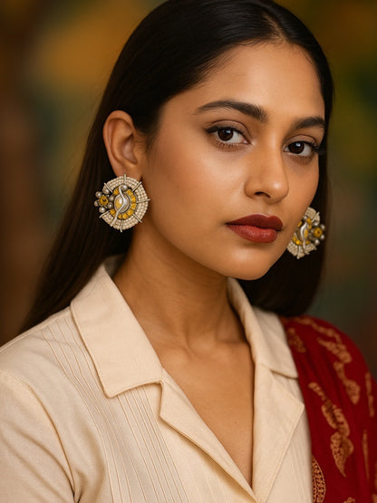 Stud Earring Peacock & Flower With Pearl Design