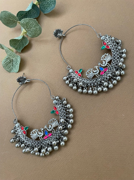 German Silver Oxidized Earrings Peacock  Design Multi Color Stone Studded Gungroo Danglers