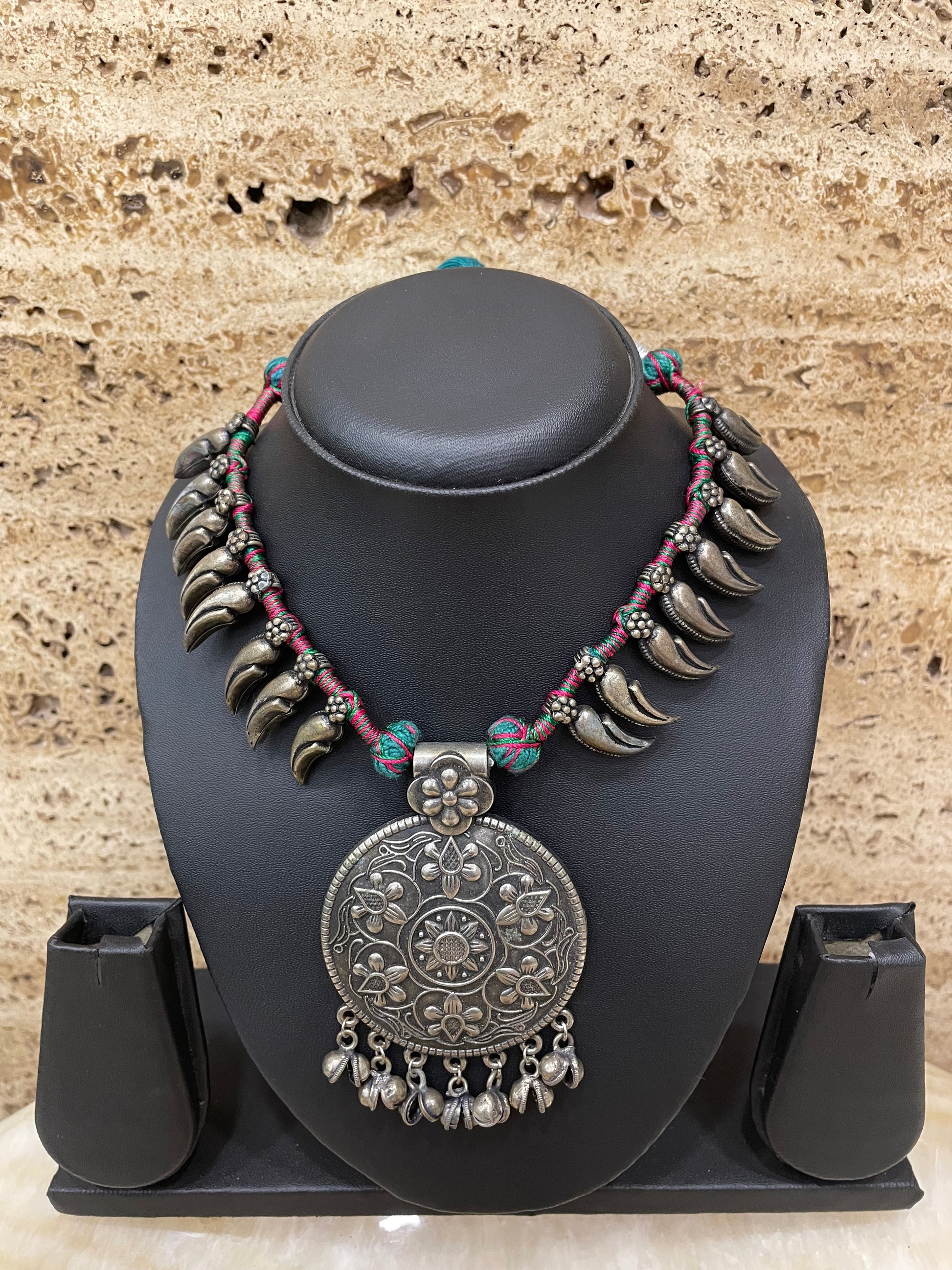 Bohemian  Adjustable Oxidised Silver Choker Necklace With Chunky Floral Pendent in Green & Red Cord
