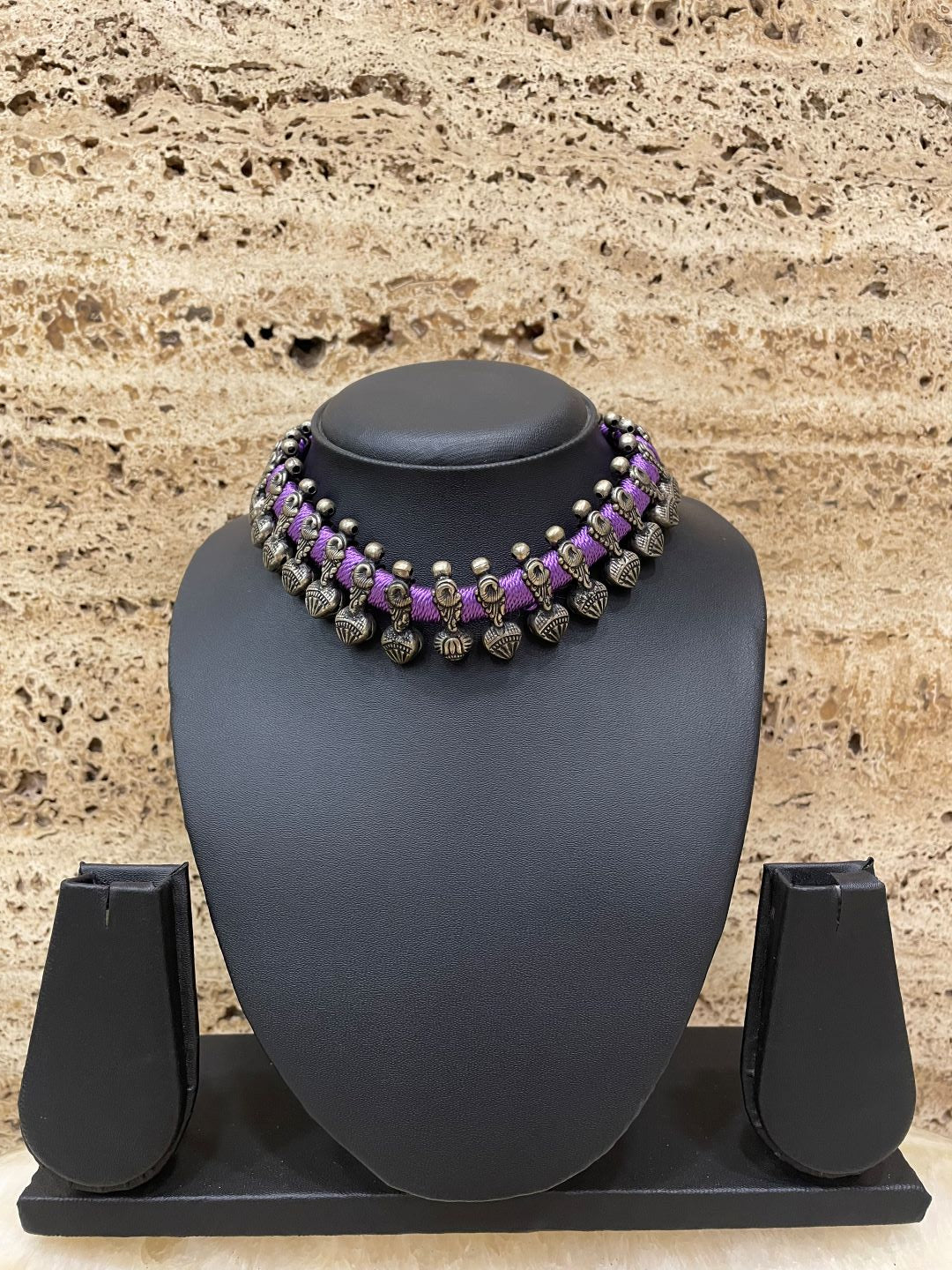 Bohemian Adjustable Oxidised Silver Choker Necklace Floral Pendents in Purple Cord