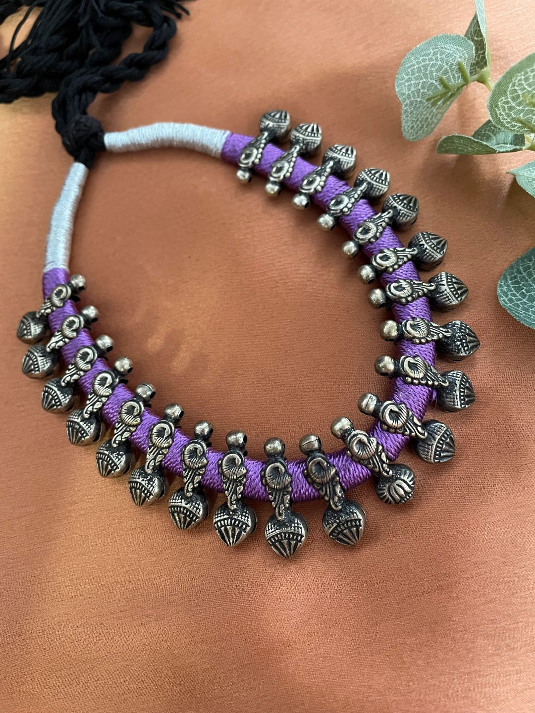 Afgani Tribal/Banjara Adjustable Oxidised Silver Choker Necklace Floral Pendents in Purple Cord