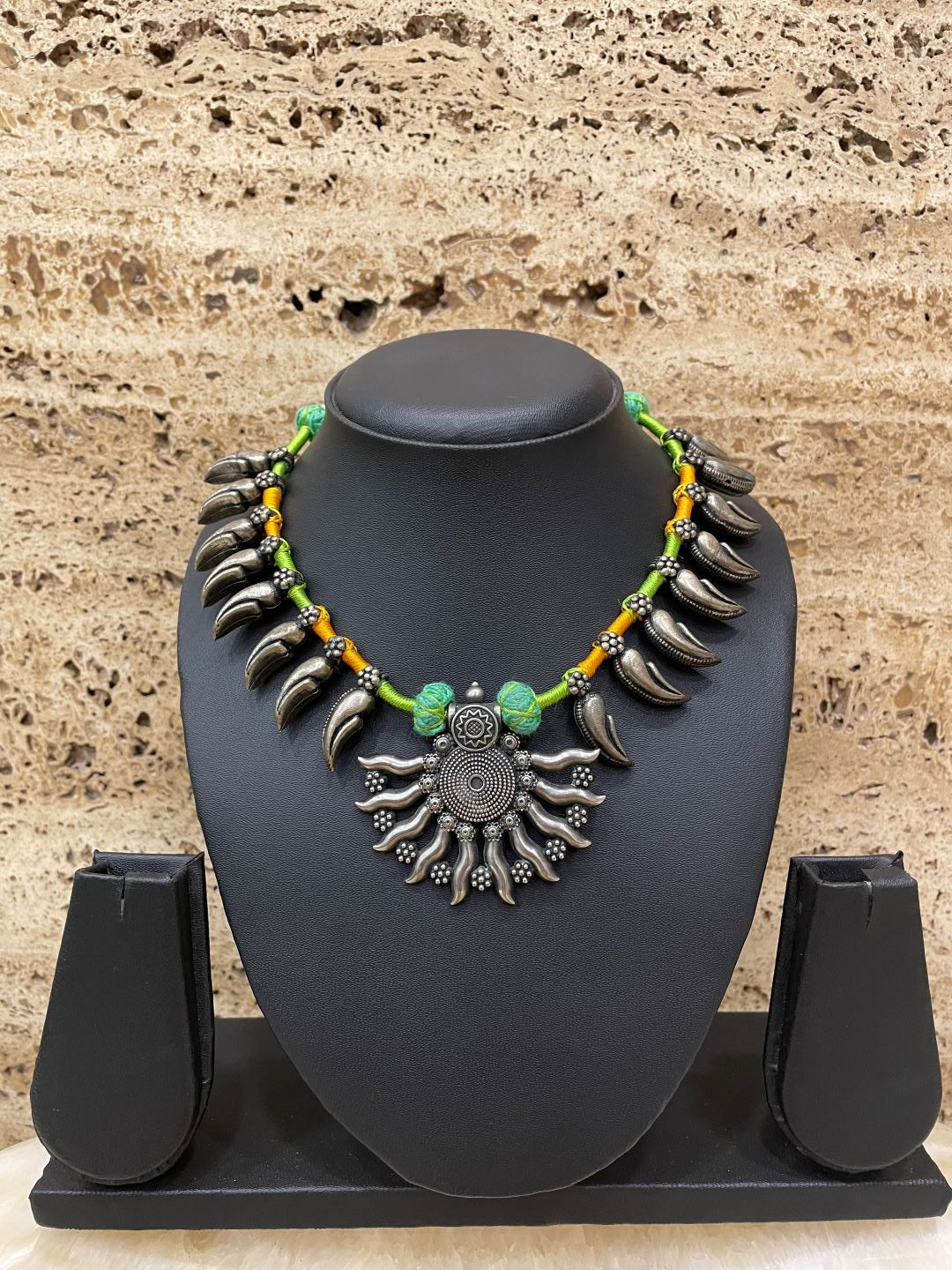 Bohemian Adjustable Oxidised Silver Choker Necklace Chunky Pendent in Mustard & Green Cord