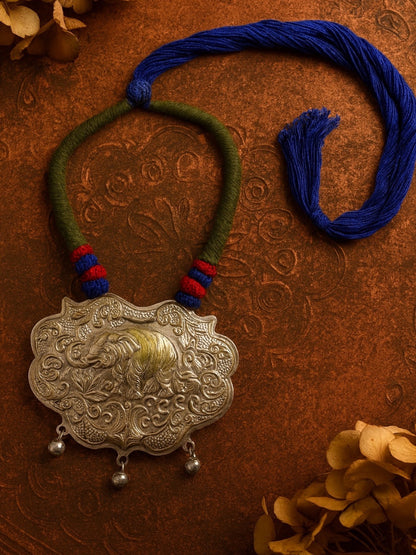 Oxidised Silver Necklace Elephant Design With Green/Blue Cord