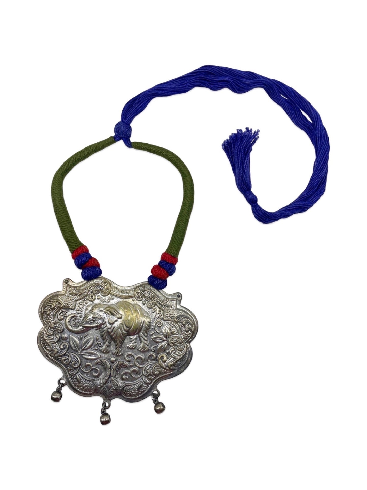 Oxidised Silver Necklace Elephant Design With Green/Blue Cord