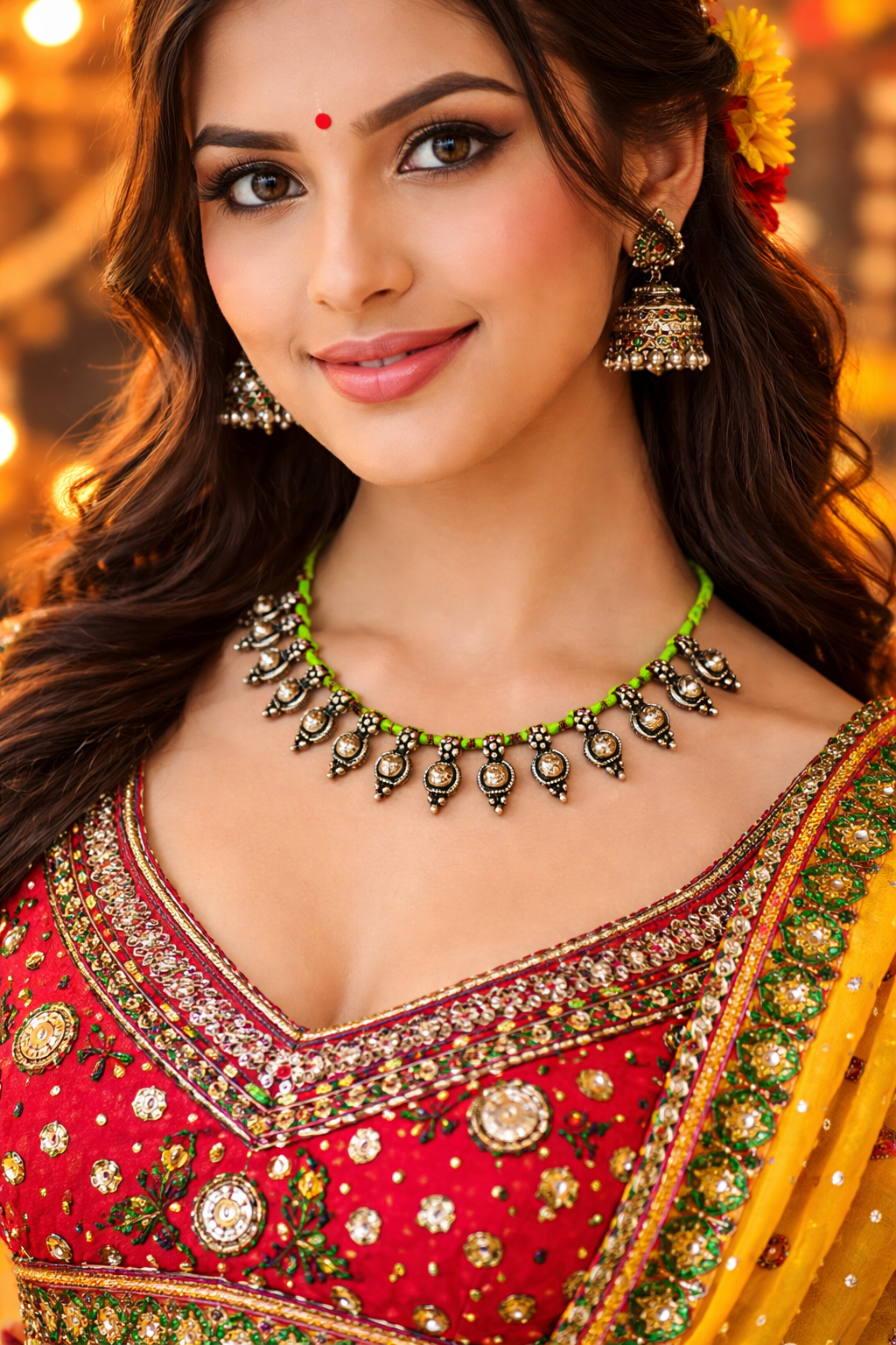 Oxidised Silver Necklace Flower Design With Green/Red Cord