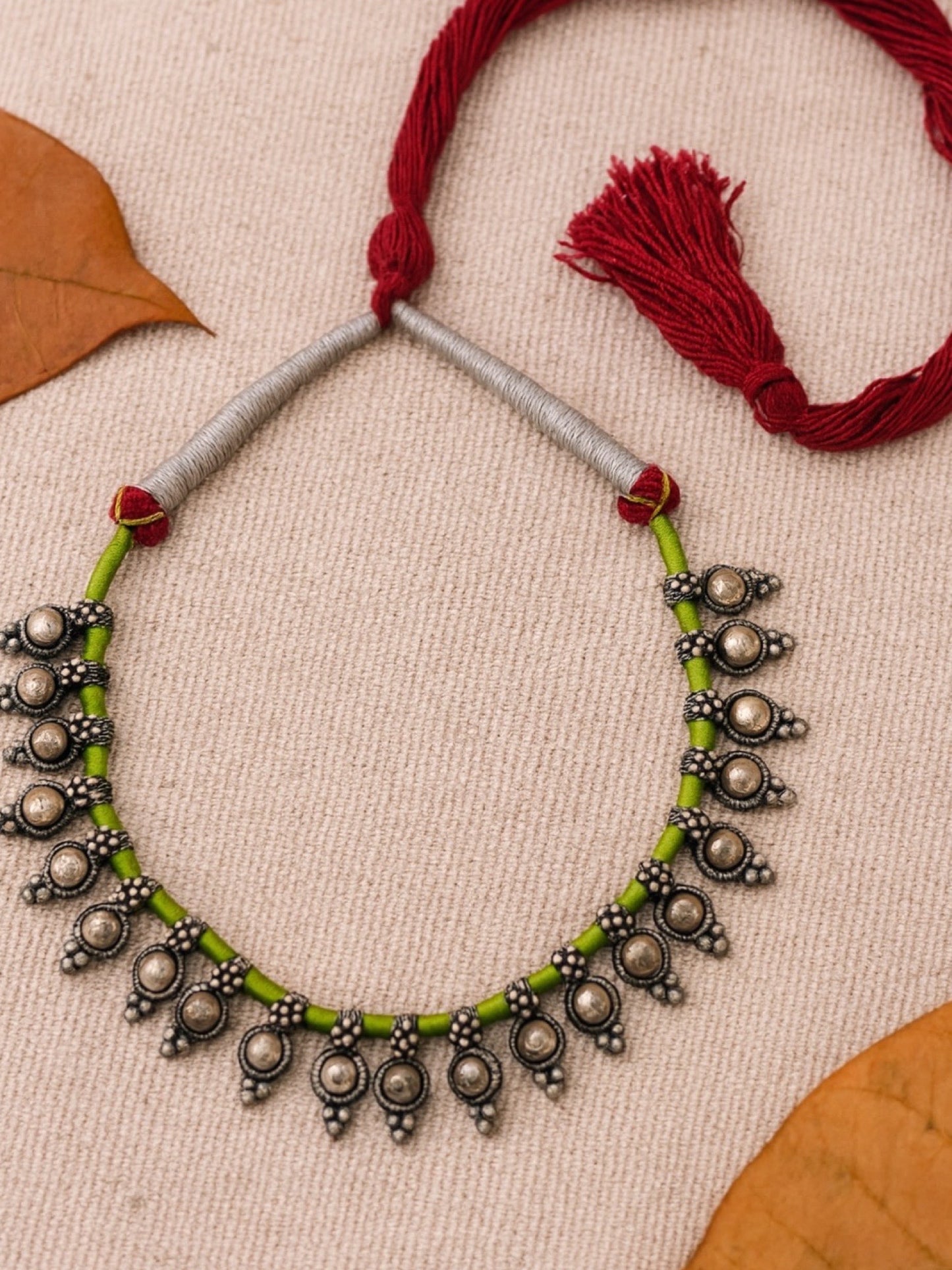 Oxidised Silver Necklace Flower Design With Green/Red Cord