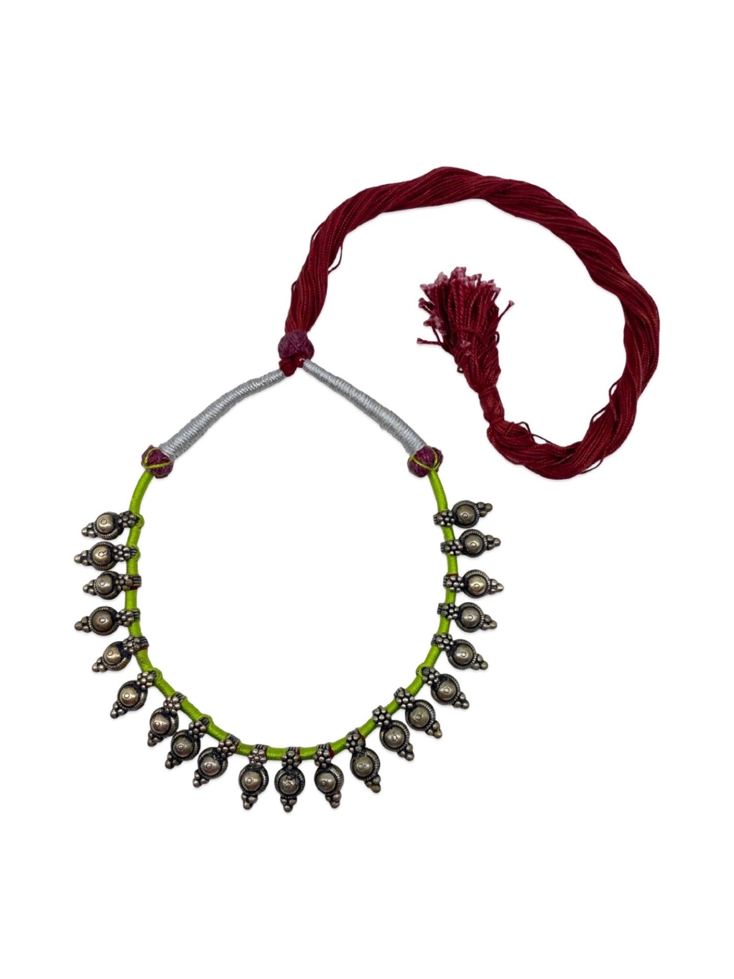 Oxidised Silver Necklace Flower Design With Green/Red Cord