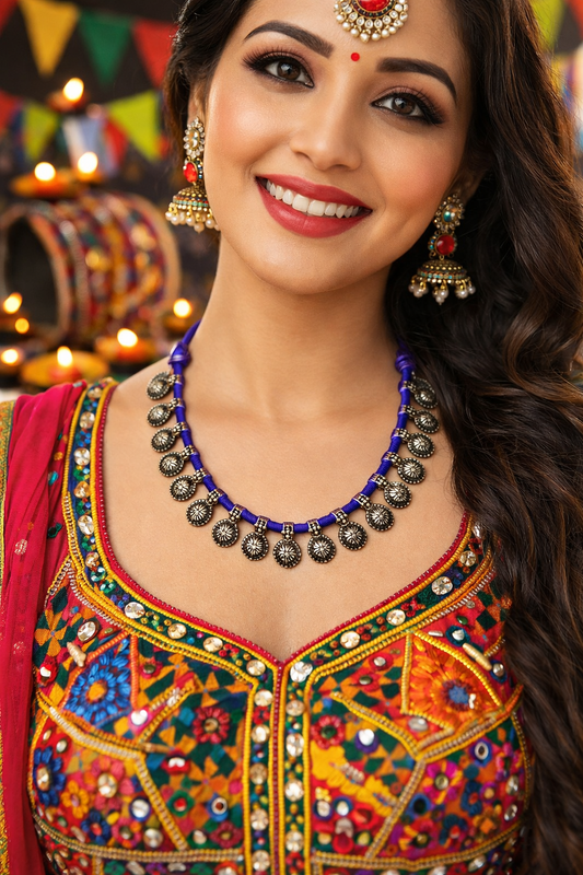 Oxidised Silver Necklace Flower Design With Pink & Purple Cord