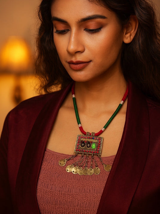 Oxidised Silver Necklace Rectangle Shape With Green/Red Cord