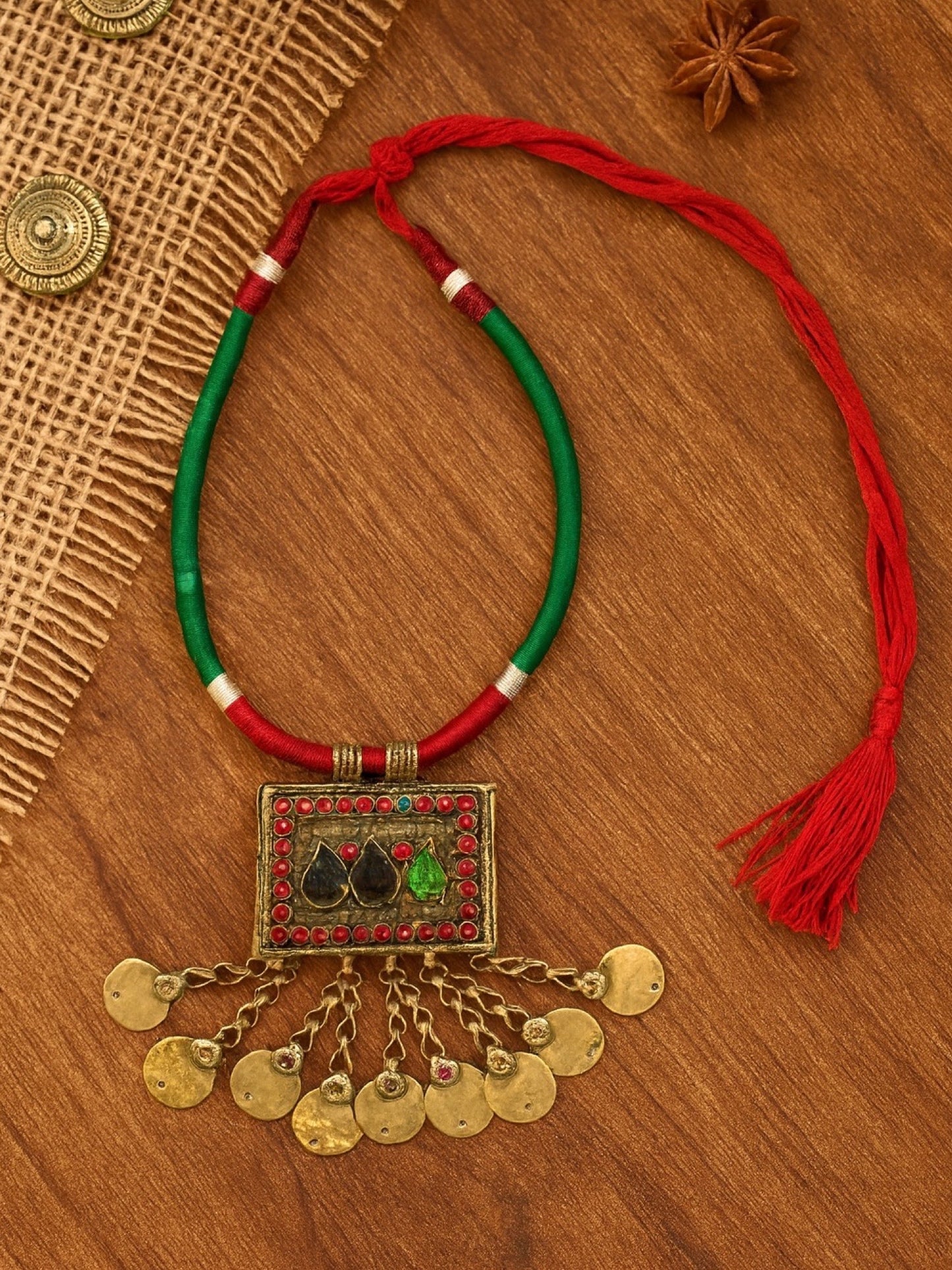 Oxidised Silver Necklace Rectangle Shape With Green/Red Cord