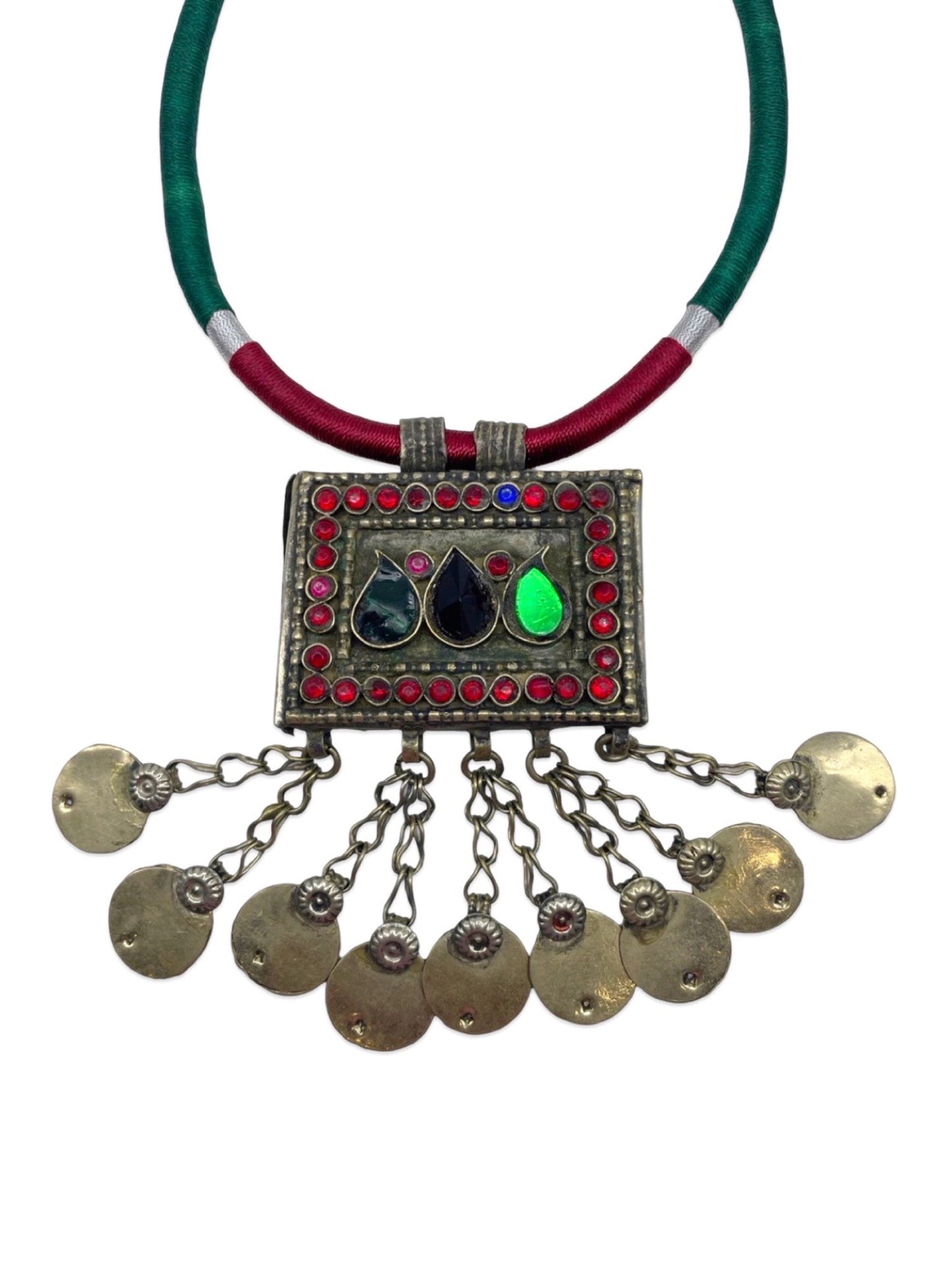 Oxidised Silver Necklace Rectangle Shape With Green/Red Cord