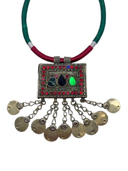 Oxidised Silver Necklace Rectangle Shape With Green/Red Cord