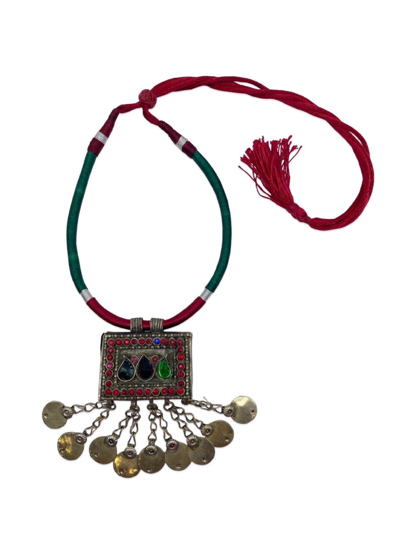 Oxidised Silver Necklace Rectangle Shape With Green/Red Cord