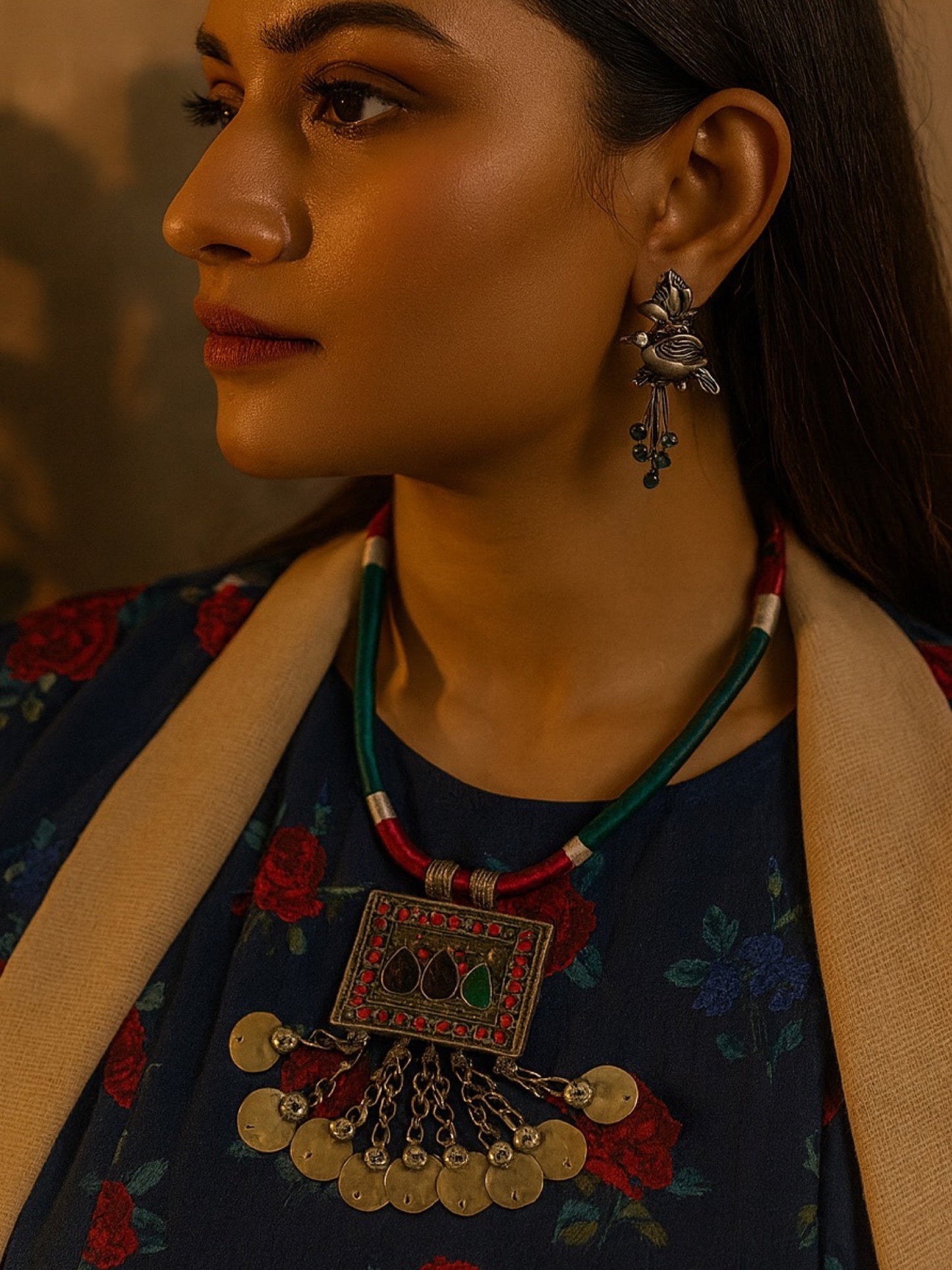Oxidised Silver Necklace Rectangle Shape With Green/Red Cord