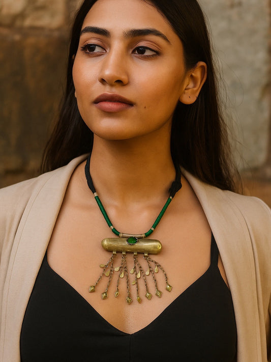 Oxidised Silver Necklace Barrel-Shape With Green/Black Cord