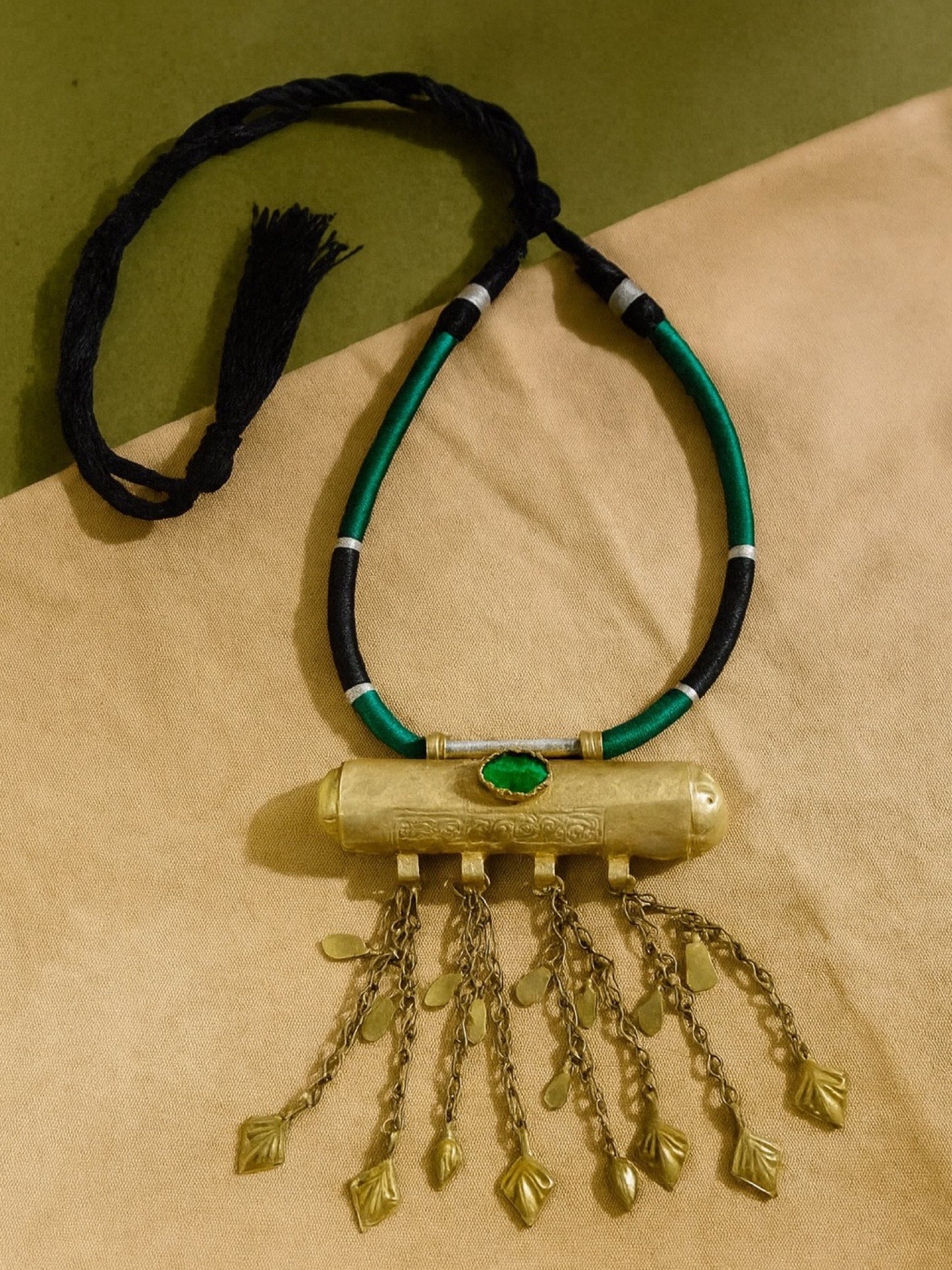 Oxidised Silver Necklace Barrel-Shape With Green/Black Cord