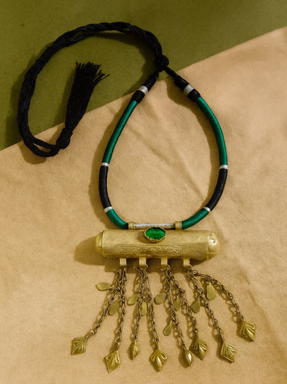 Oxidised Silver Necklace Barrel-Shape With Green/Black Cord