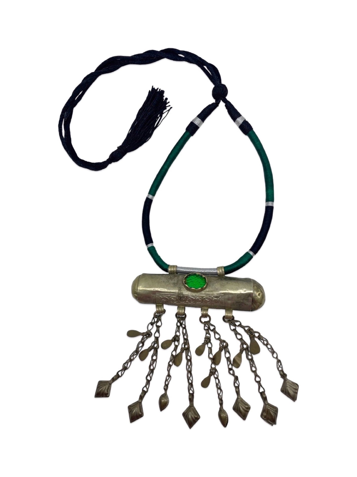 Oxidised Silver Necklace Barrel-Shape With Green/Black Cord