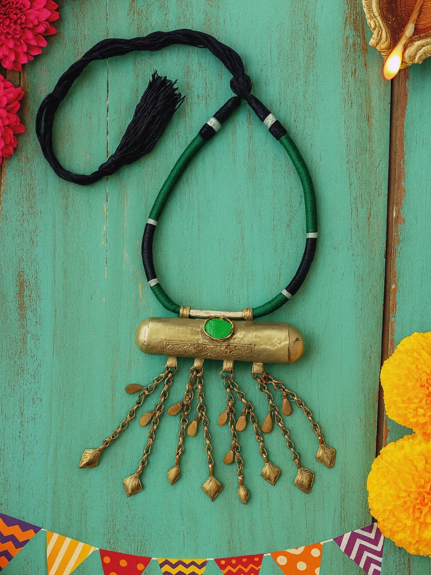 Oxidised Silver Necklace Barrel-Shape With Green/Black Cord