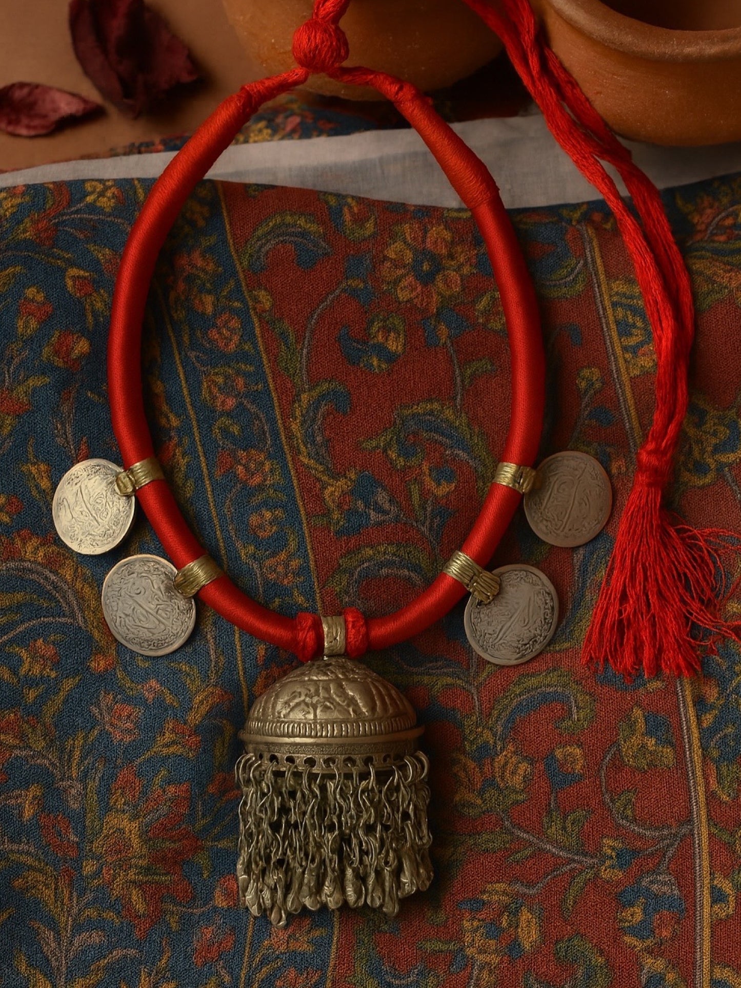 Oxidised Silver Necklace Big Jhumi/Leaf With Red Cord
