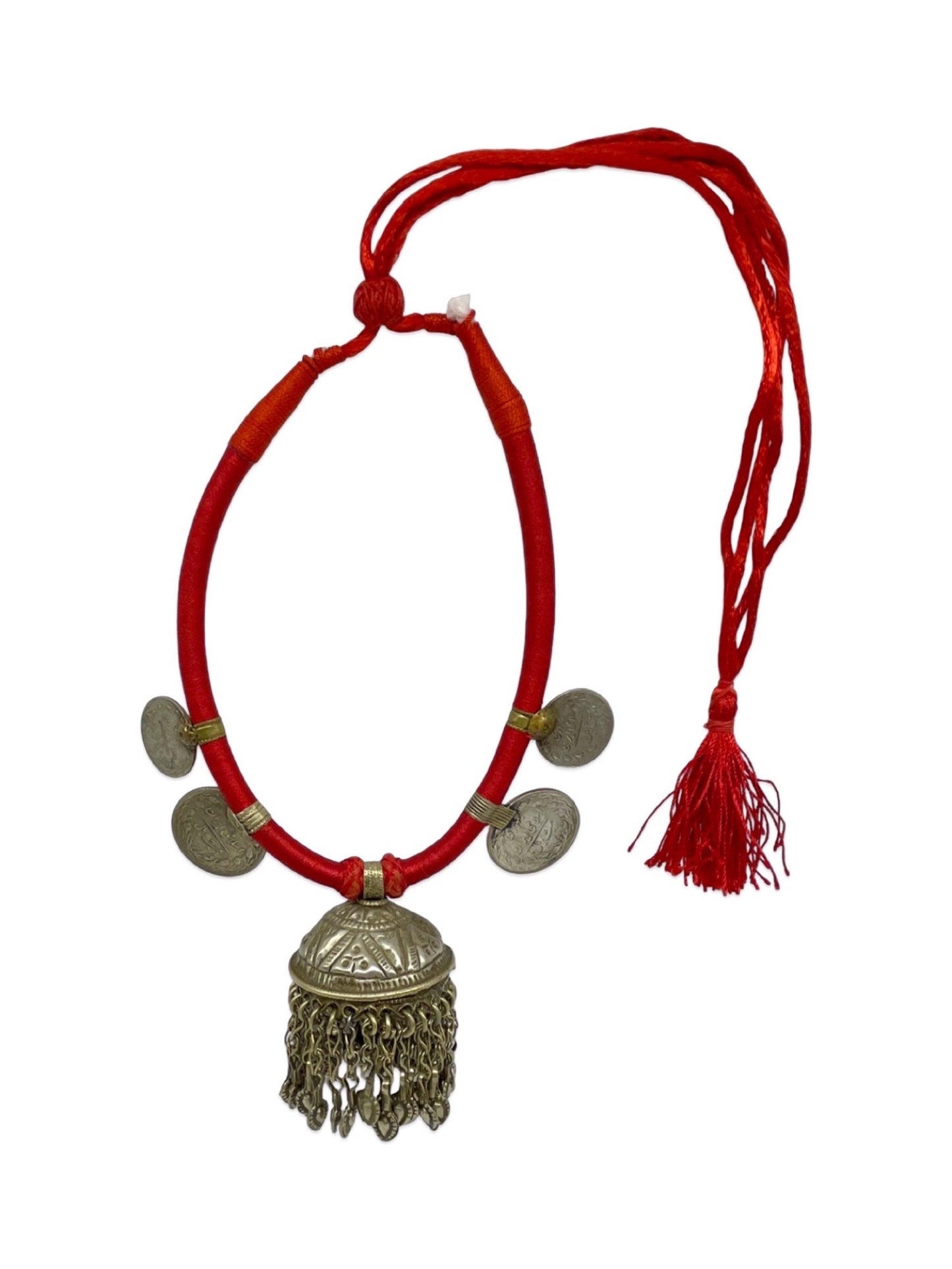 Oxidised Silver Necklace Big Jhumi/Leaf With Red Cord