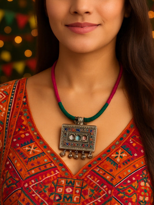 Oxidised Silver Necklace Rectangle Shape With Green/Pink Cord