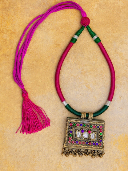 Oxidised Silver Necklace Rectangle Shape With Green/Pink Cord
