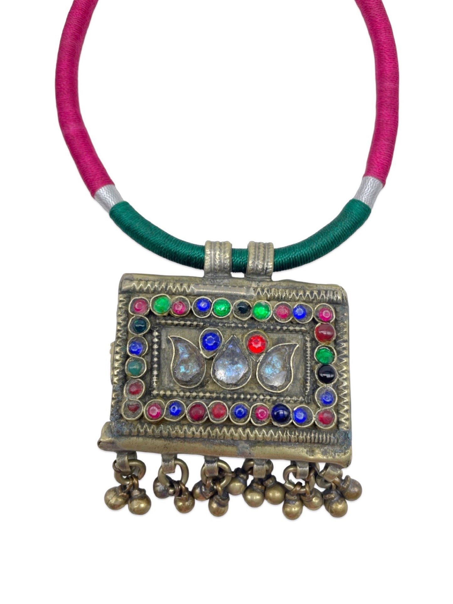 Oxidised Silver Necklace Rectangle Shape With Green/Pink Cord