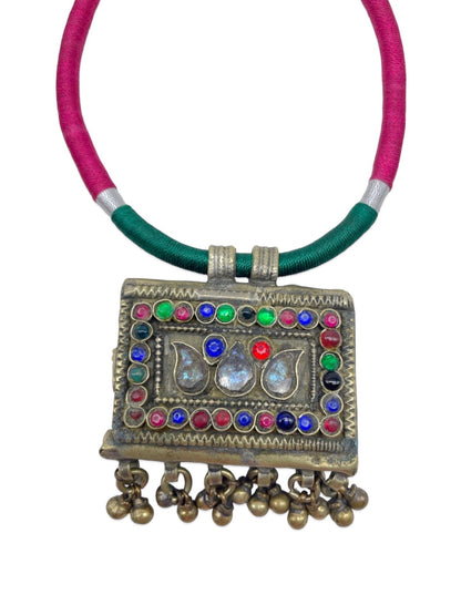 Oxidised Silver Necklace Rectangle Shape With Green/Pink Cord