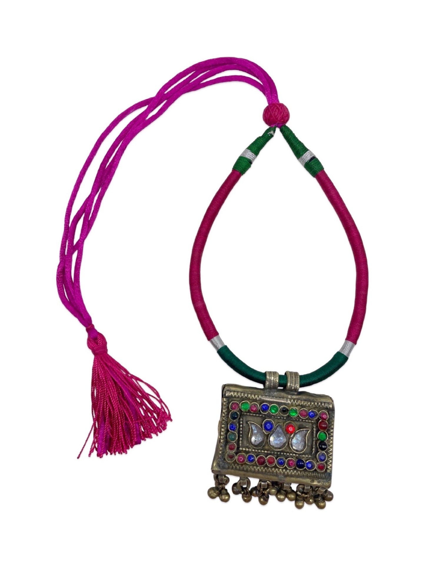 Oxidised Silver Necklace Rectangle Shape With Green/Pink Cord