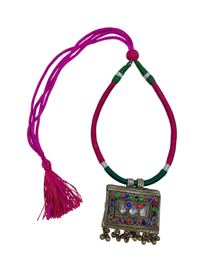 Oxidised Silver Necklace Rectangle Shape With Green/Pink Cord