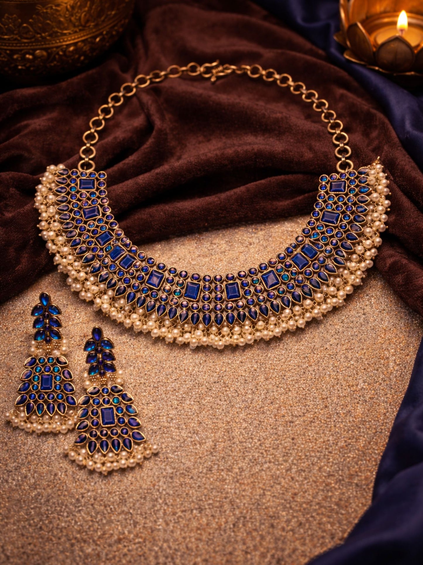 Silver Necklace Set Enamel/Pearl Design