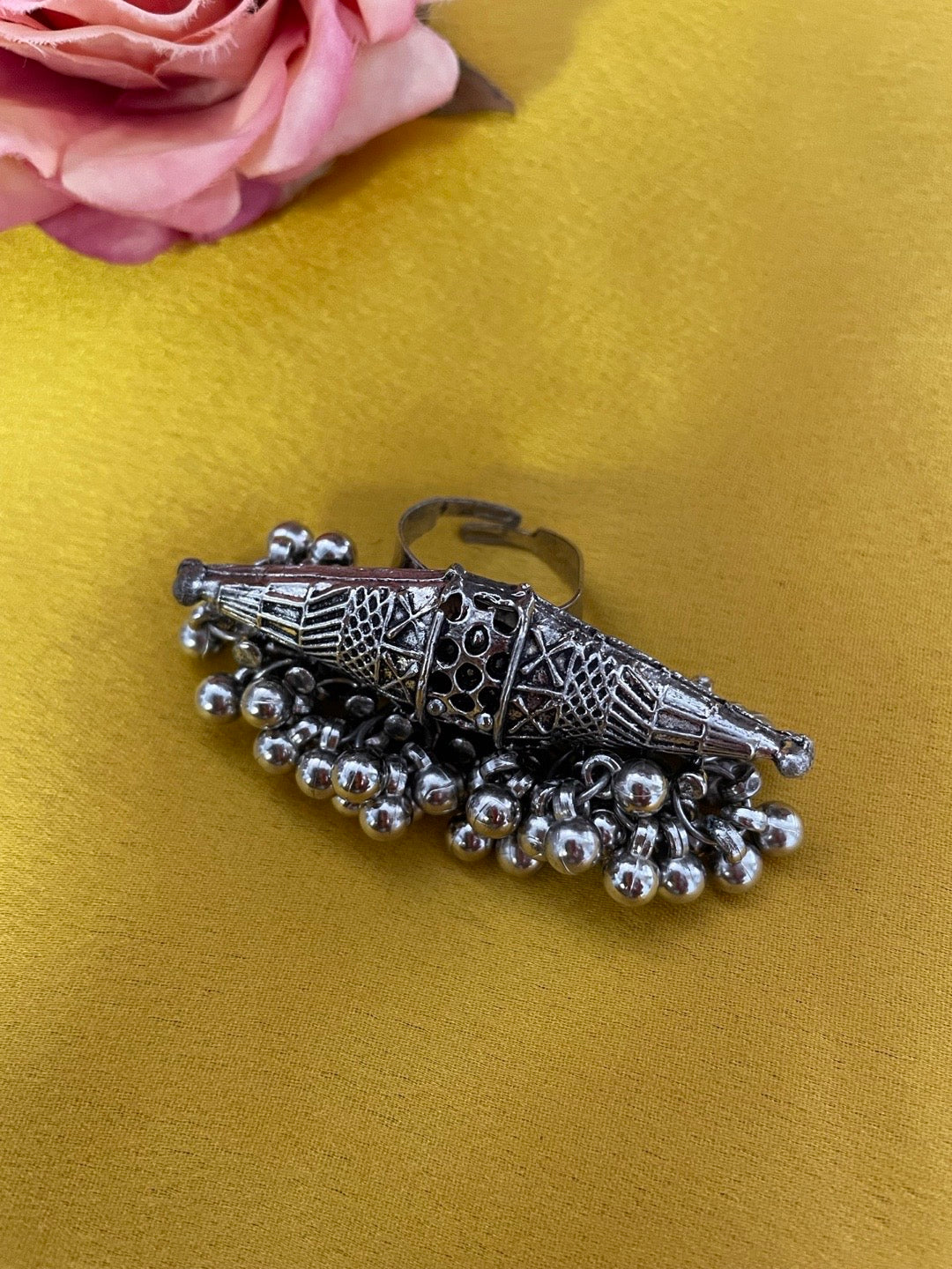 Bohemian Gypsy Ghungroo Design Oxidized Silver Afghani Ring