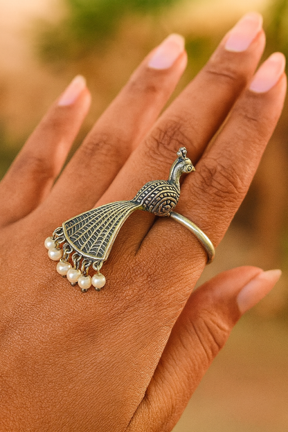 Bohemian Gypsy Peacock Design Oxidized Silver Afghani Rings