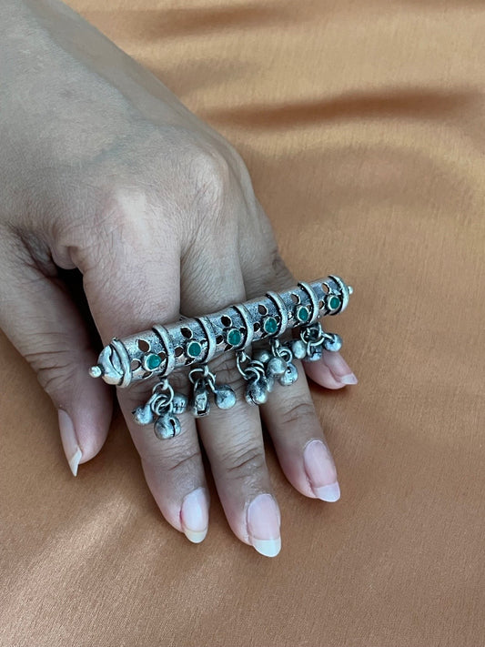 Bohemian Gypsy Ghungroo Design With Green Stones Oxidized Silver Afghani Ring