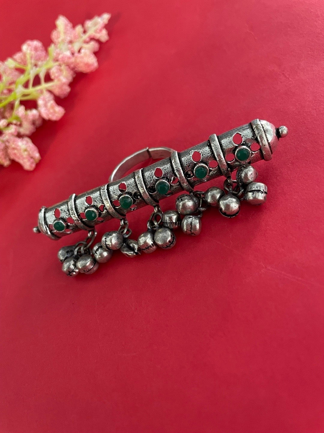Bohemian Gypsy Ghungroo Design With Green Stones Oxidized Silver Afghani Ring