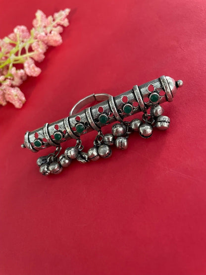 Bohemian Gypsy Ghungroo Design With Green Stones Oxidized Silver Afghani Ring