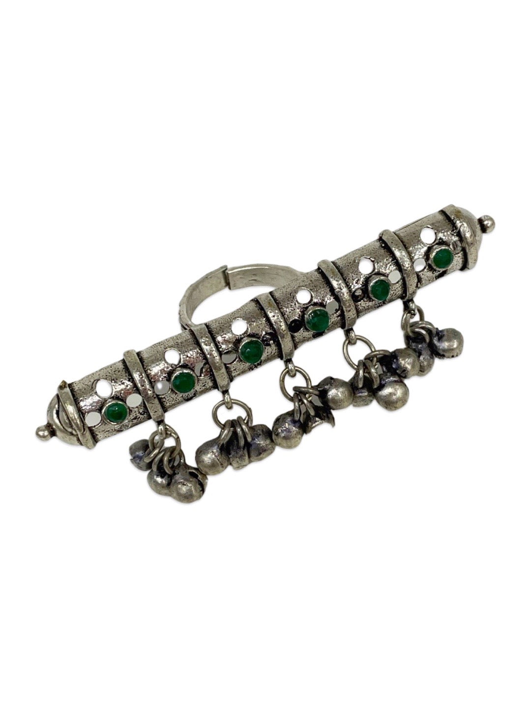 Bohemian Gypsy Ghungroo Design With Green Stones Oxidized Silver Afghani Ring