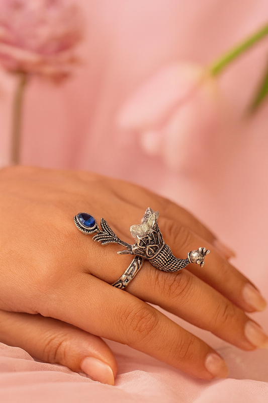 Bohemian Gypsy Peacock Design With Blue Stone Oxidized Silver Afghani Rings