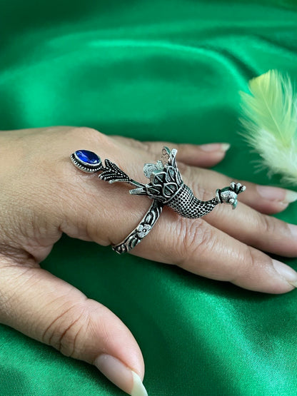 Bohemian Gypsy Peacock Design With Blue Stone Oxidized Silver Afghani Rings