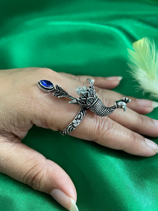 Bohemian Gypsy Peacock Design With Blue Stone Oxidized Silver Afghani Rings