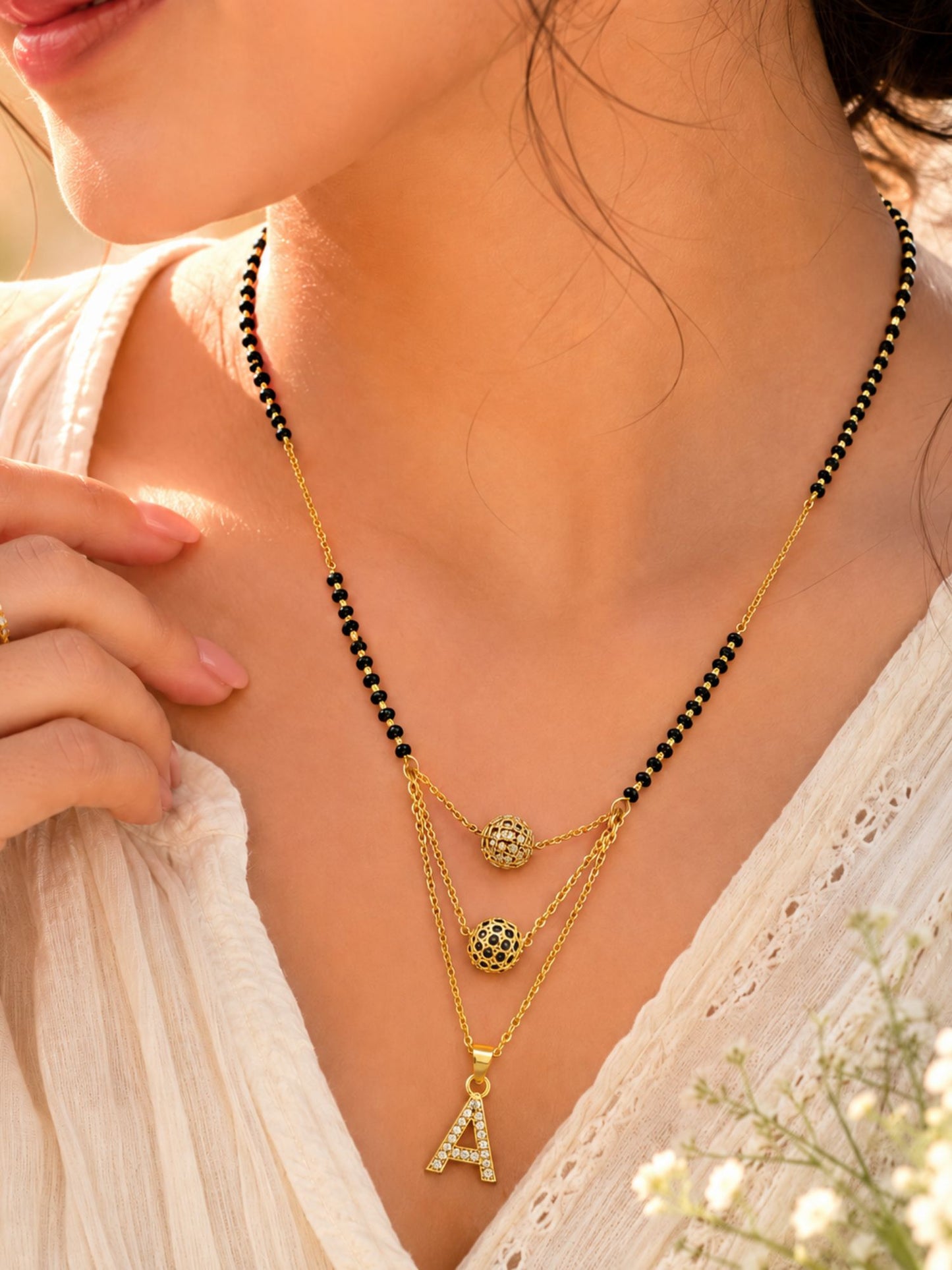 A-Z Letter With Black & White AD Ball Pendant Short Mangalsutra Name Mangalsutra