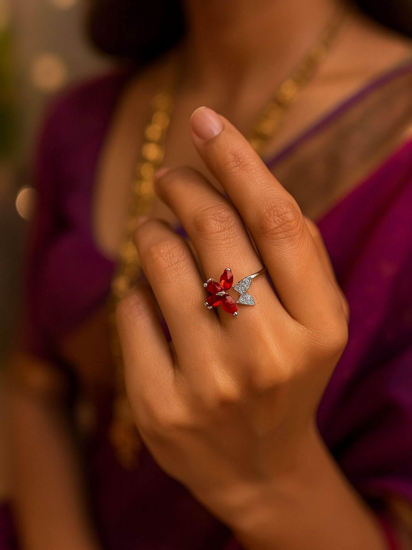 Silver-Plated Red Butterfly Finger Ring