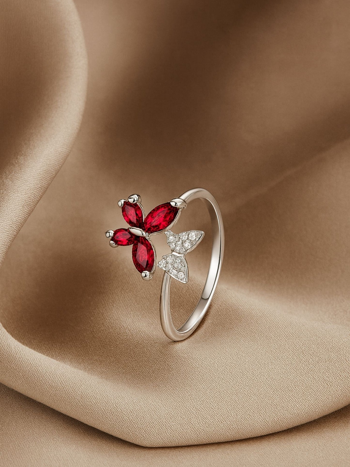 Silver-Plated Red Butterfly Finger Ring