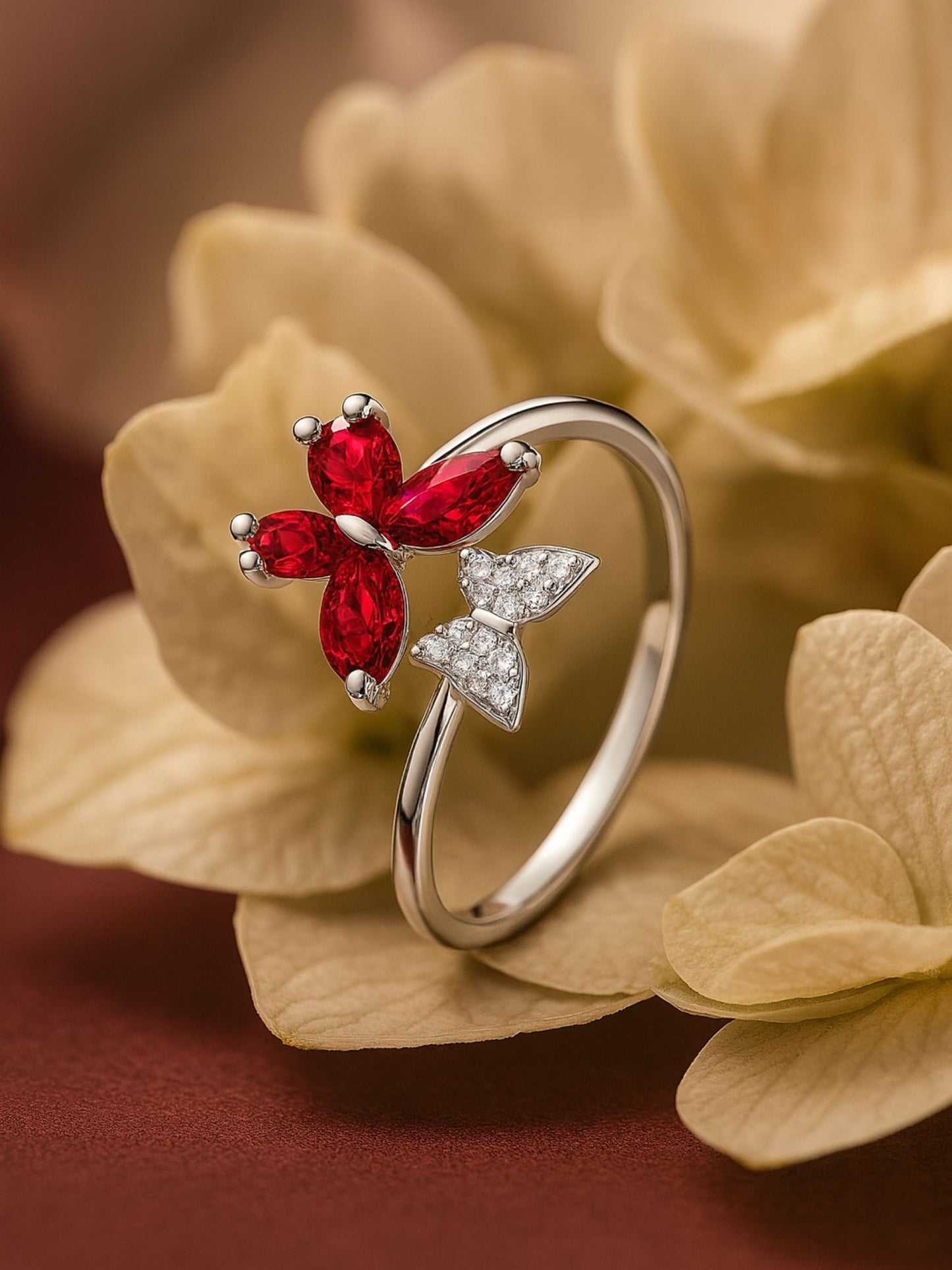Silver-Plated Red Butterfly Finger Ring