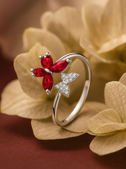 Silver-Plated Red Butterfly Finger Ring