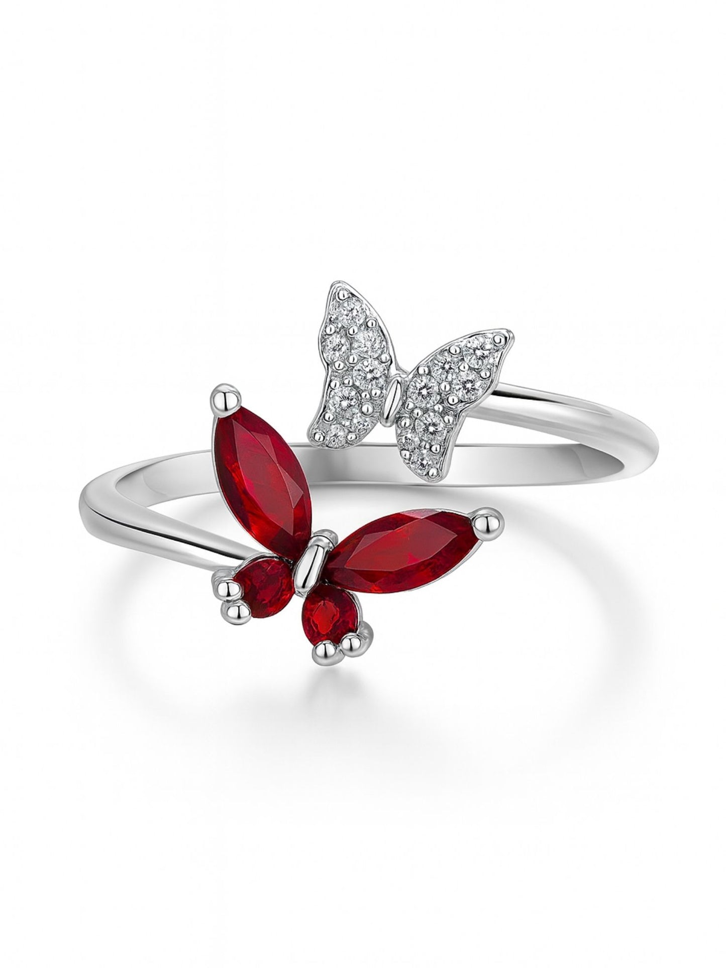 Silver-Plated Red Butterfly Finger Ring