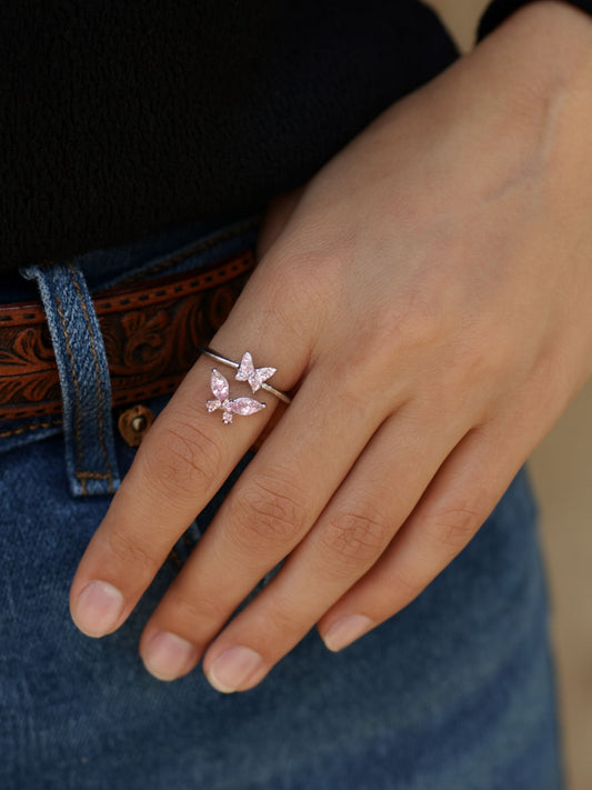 Silver-Plated Pink Butterfly Finger Ring